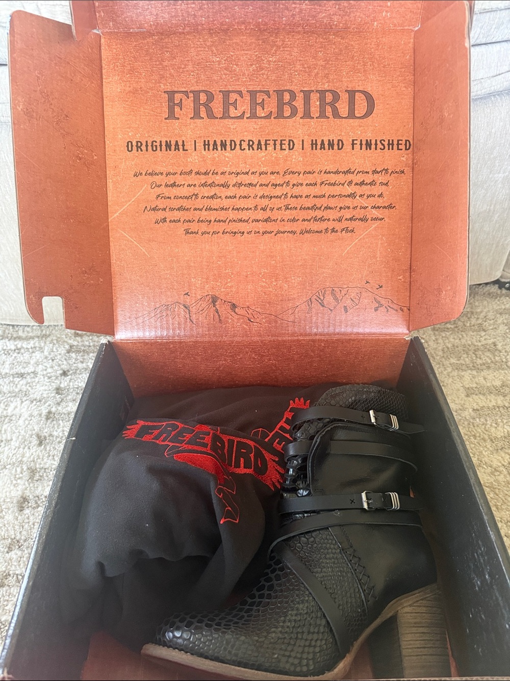 freebird Black Leather Ankle Boot with Snake-Print Panels and Buckles